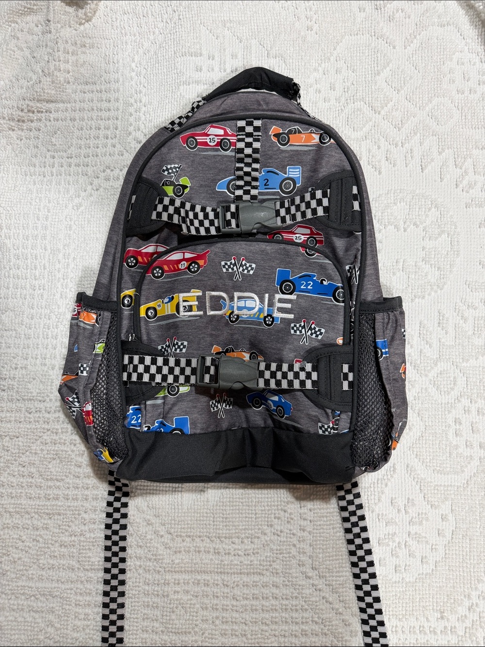 Pottery Barn Kids Mackenzie Gray glow in the dark Race Car Backpack